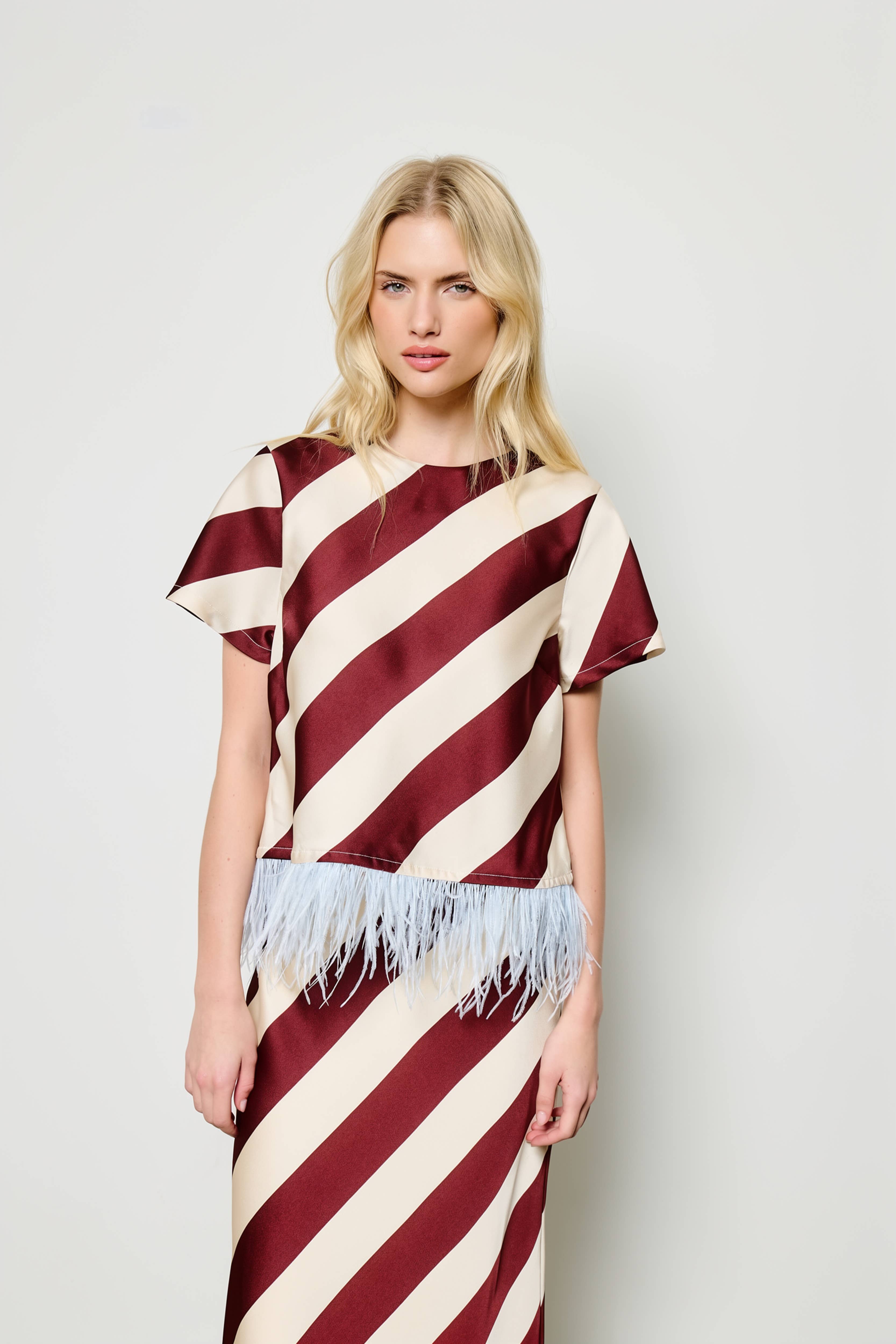 FLAT WHITE Maribel Feather-Trim Striped Top on model